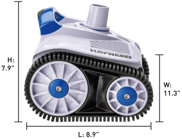 A Hayward W3HSCTRACCU TracVac Suction Pool Cleaner for In-ground Pools up to 40 ft in Length – Automatic Pool Vacuum – Climbs Walls - Overcomes Pool Floor Obstacles,Blue with measurements.